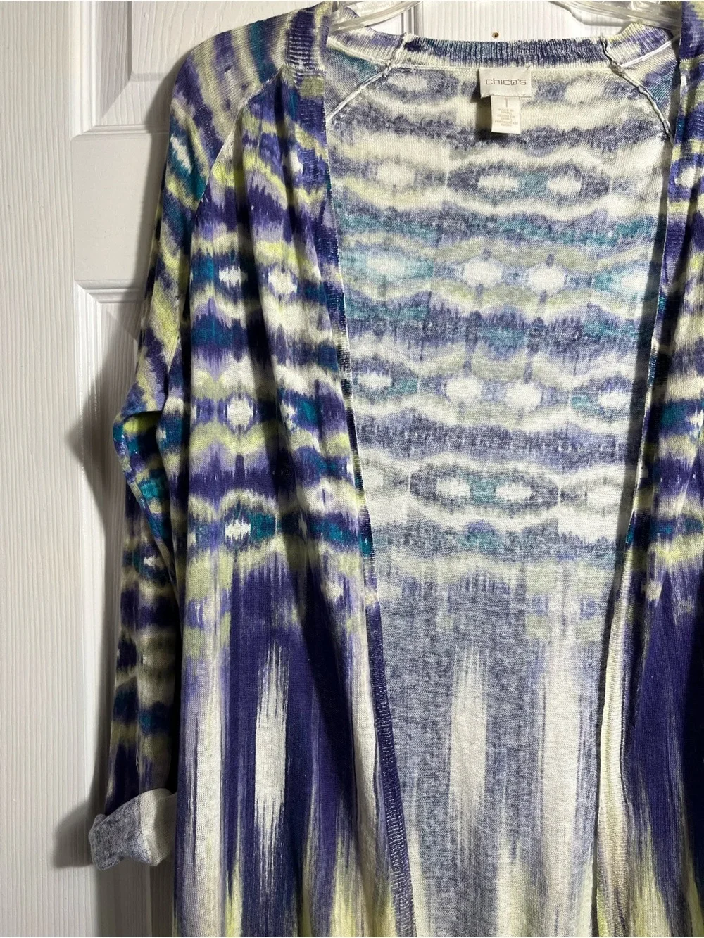 Chicos Linen Cardigan in Purple, Blue & Yellow 1